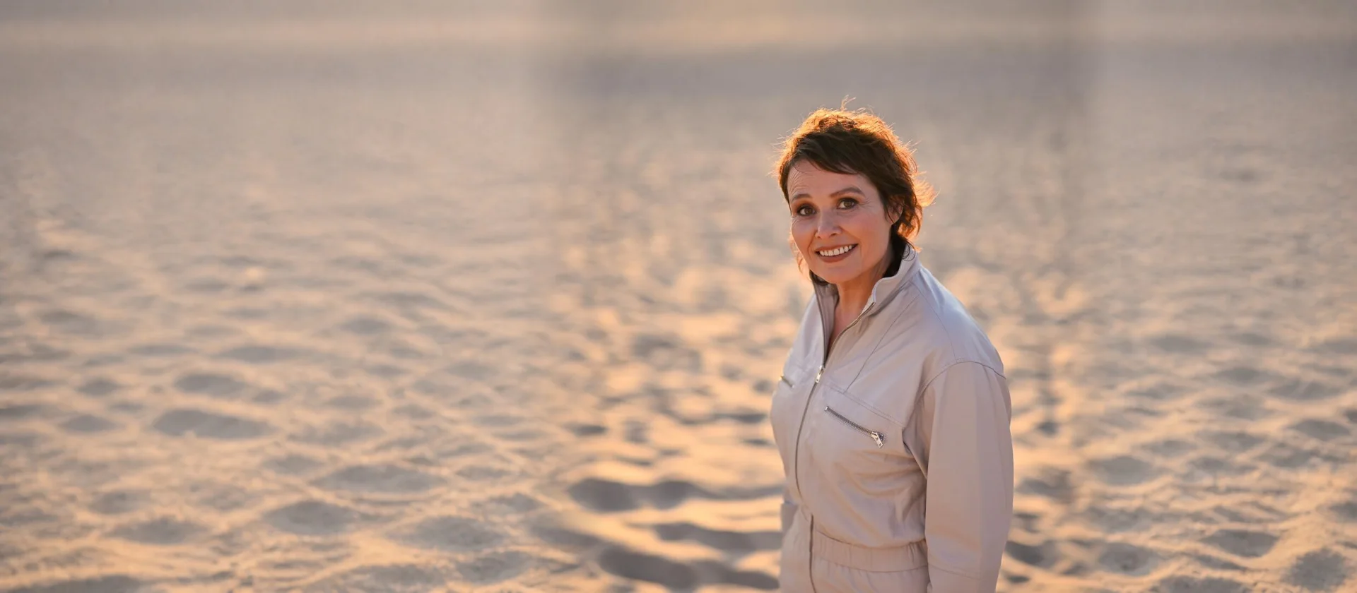 Griet Op de Beeck op het strand in avondlicht